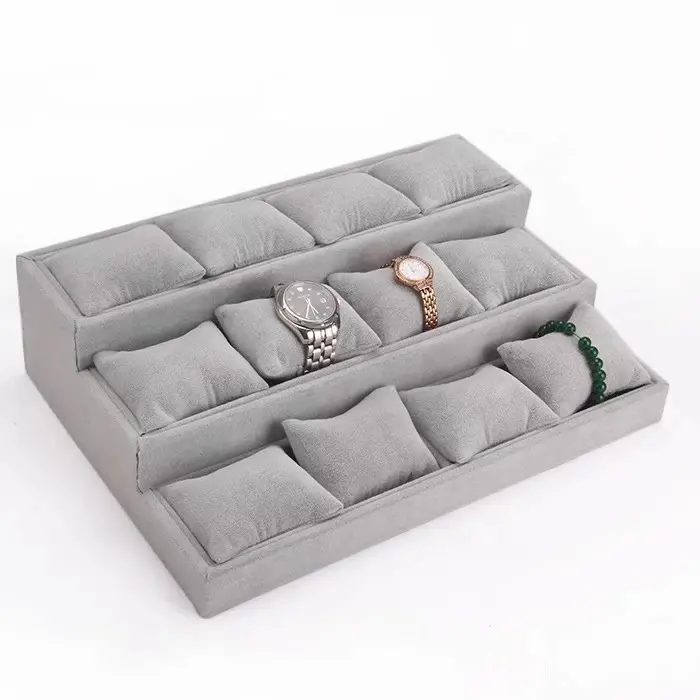 High Quality Elegant Luxury Velvet Jewelry Bracelet Bangle Watch Tray Pillow Cushion Three Layers Watch Leather Display