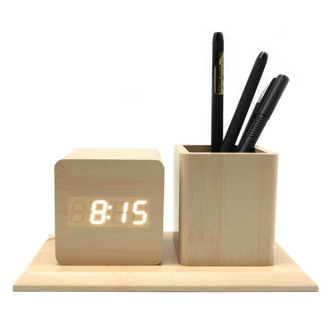 Best Seller Tabletop Pen Holder Digital Alarm Clock Flower Vase Led Wooden Blue Red Green White Led Clock Electronic 2021