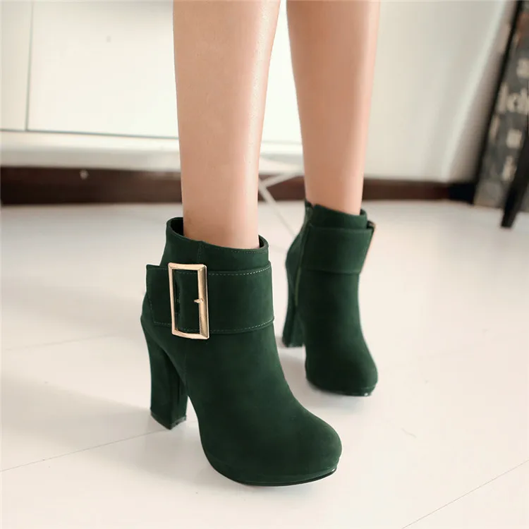 Suede Thick Bottom Oem Fall New Design Sexy Ladies Wide Calf Chunky Heel Booties Woman Ankle Heel Womens Ankle Boots With Buckle