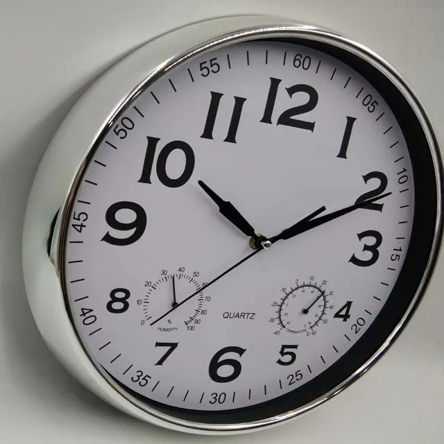 14 inch simple style electroplating silver frame and pvc temperature and humidity face plastic wall clock