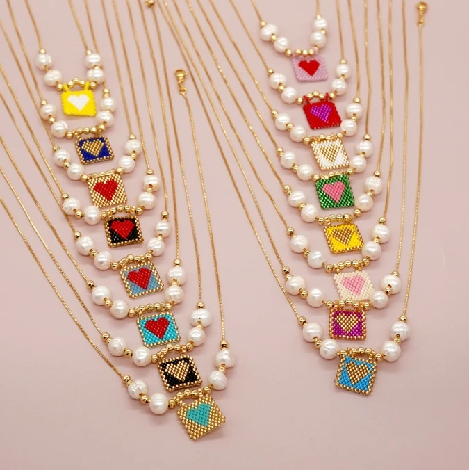 Fashion Pendant Tiny Beaded Necklaces For Women Girl Stacking Freshwater Pearls Braided Love Heart Pattern Friendship