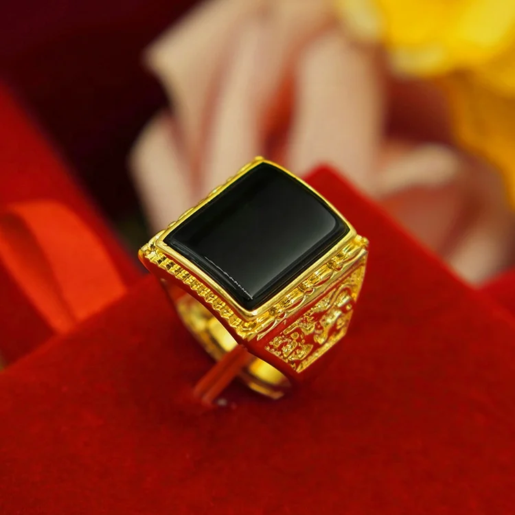 
Custom yellow gold jewelry beautiful Turkish man ring high polished black agate gilded fashion ring 