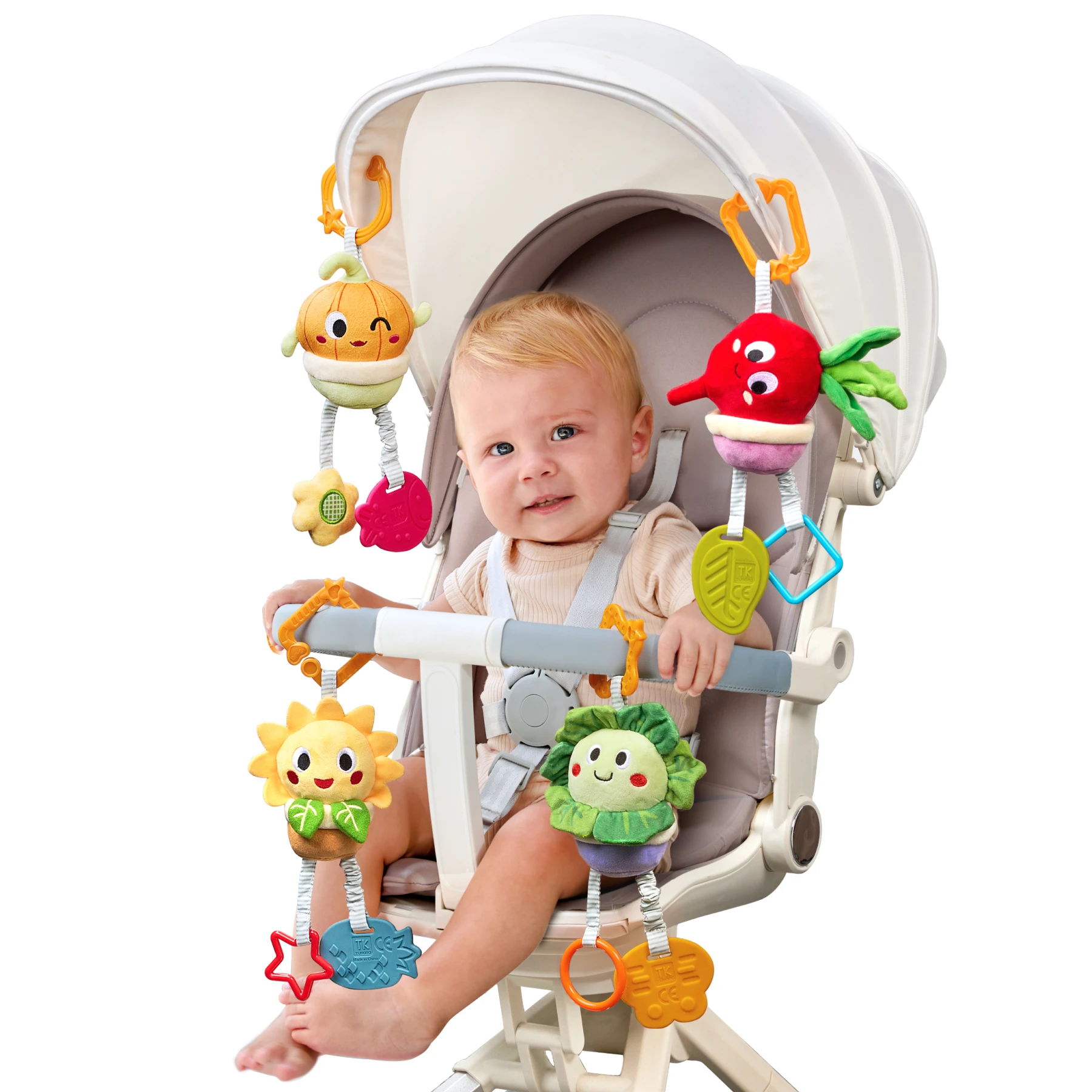 Tumama Kids Take Along 4month Baby Travel Activity Toys Cart Seat Crinkle Sensory Learning Vegetable Hanging Plush Rattle Set