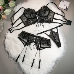 High Quality Pretty Girls Erotic Underwear Mature Women 3 Pcs Mesh Sexy Lingerie Set