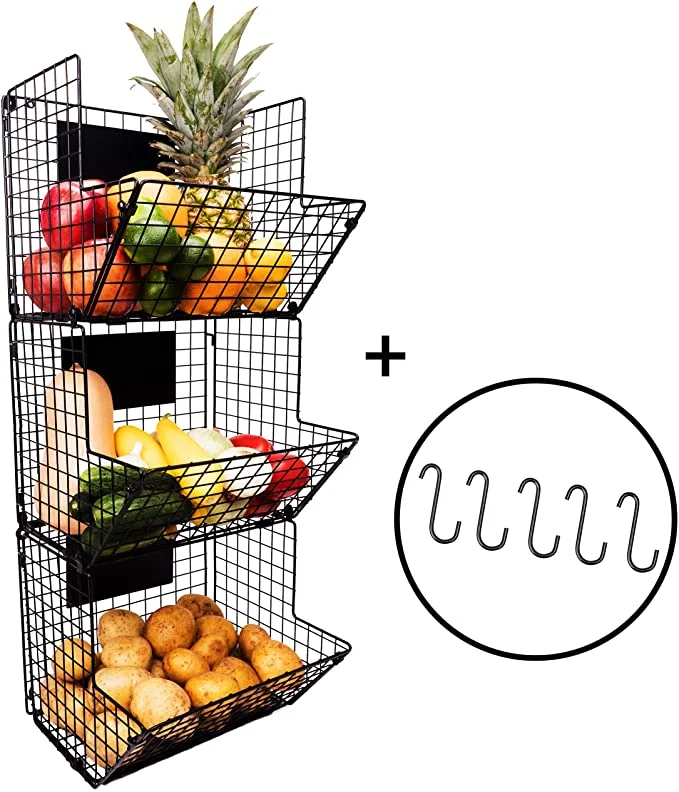 3 Tier Hanging Wire Basket Wall Mounted Storage Bins with Adjustable Chalkboards and S-Hooks - Fruit and Pantry Organization