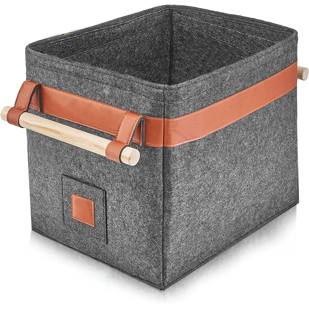 Caja de almacenamiento organizadora de fieltro con mango de madera Toy Clothing Felt Storage Basket with Wood Handle