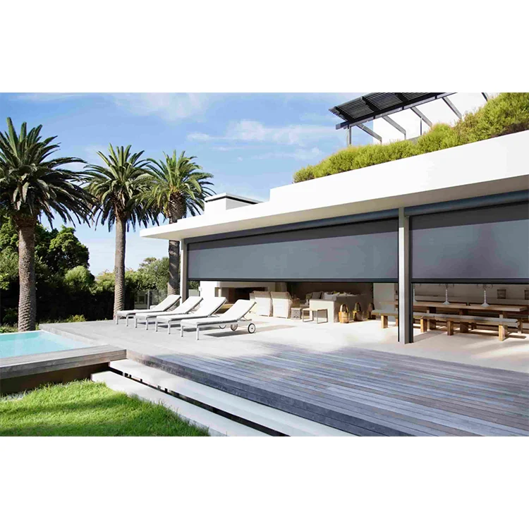 Windproof Window Curtain Electric Control System Outdoor Smart Zip Screen Shades Motorized Patio Roller Blinds