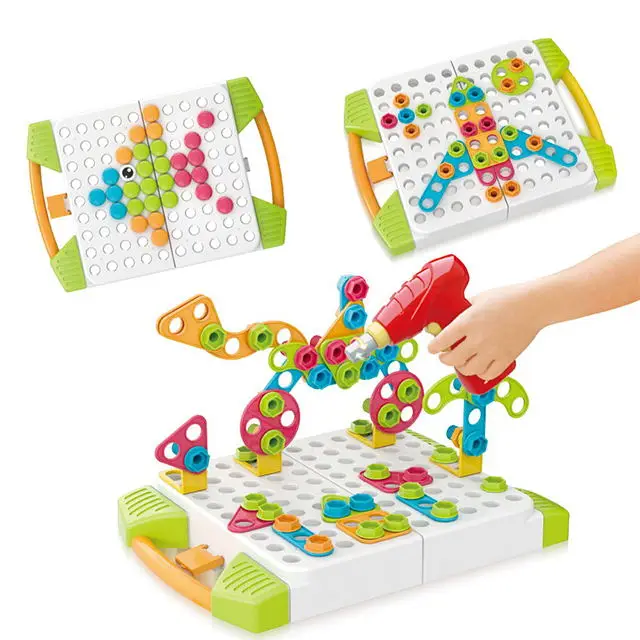 
STEM Engineering Toys with Electric Drill Puzzle Toys and Button Art Kit, DIY Construction Building Blocks for Kids 