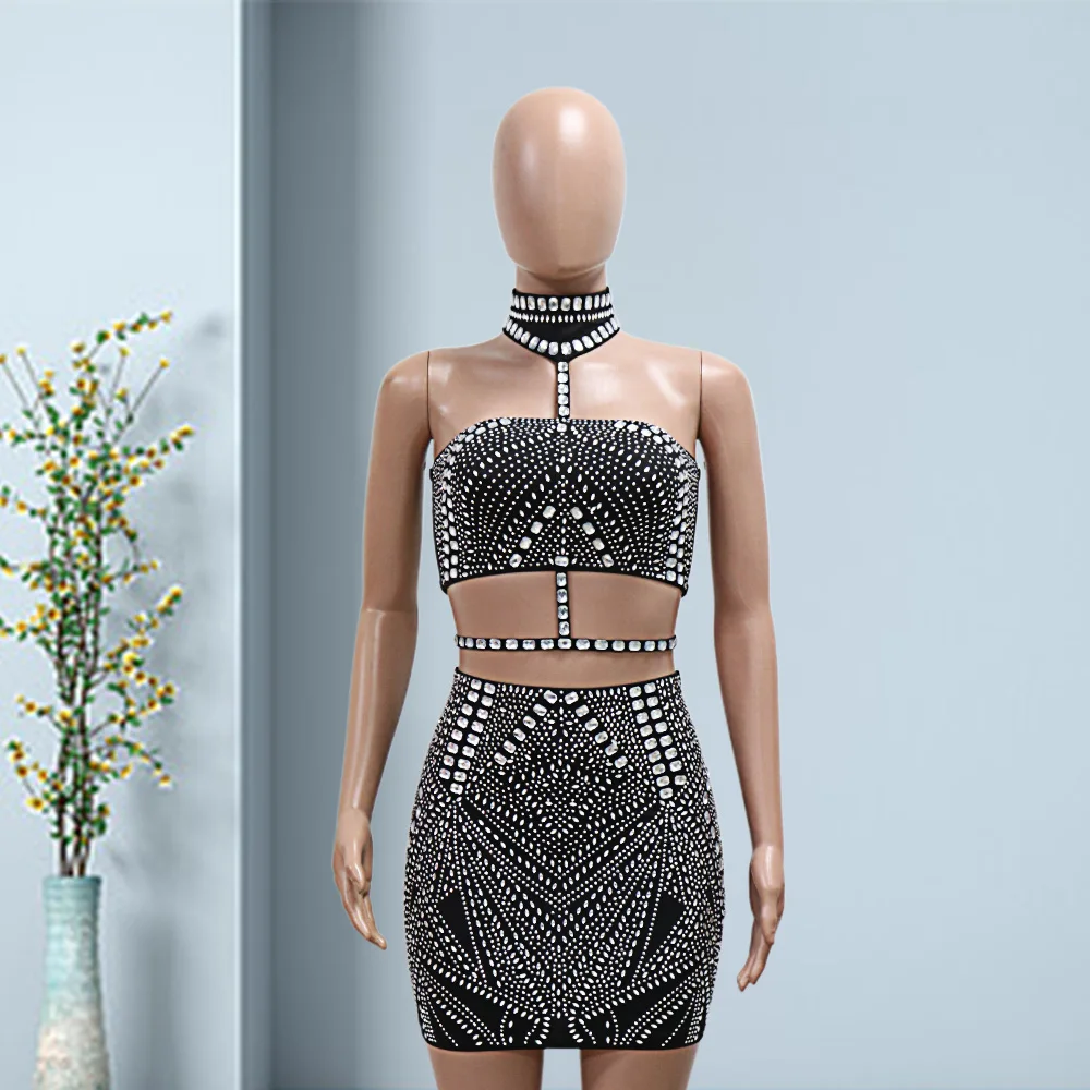 Chunya 901246 INS Sexy Rhinestone Two piece Set Crop Top and Skirt O-neck Ladies 2024