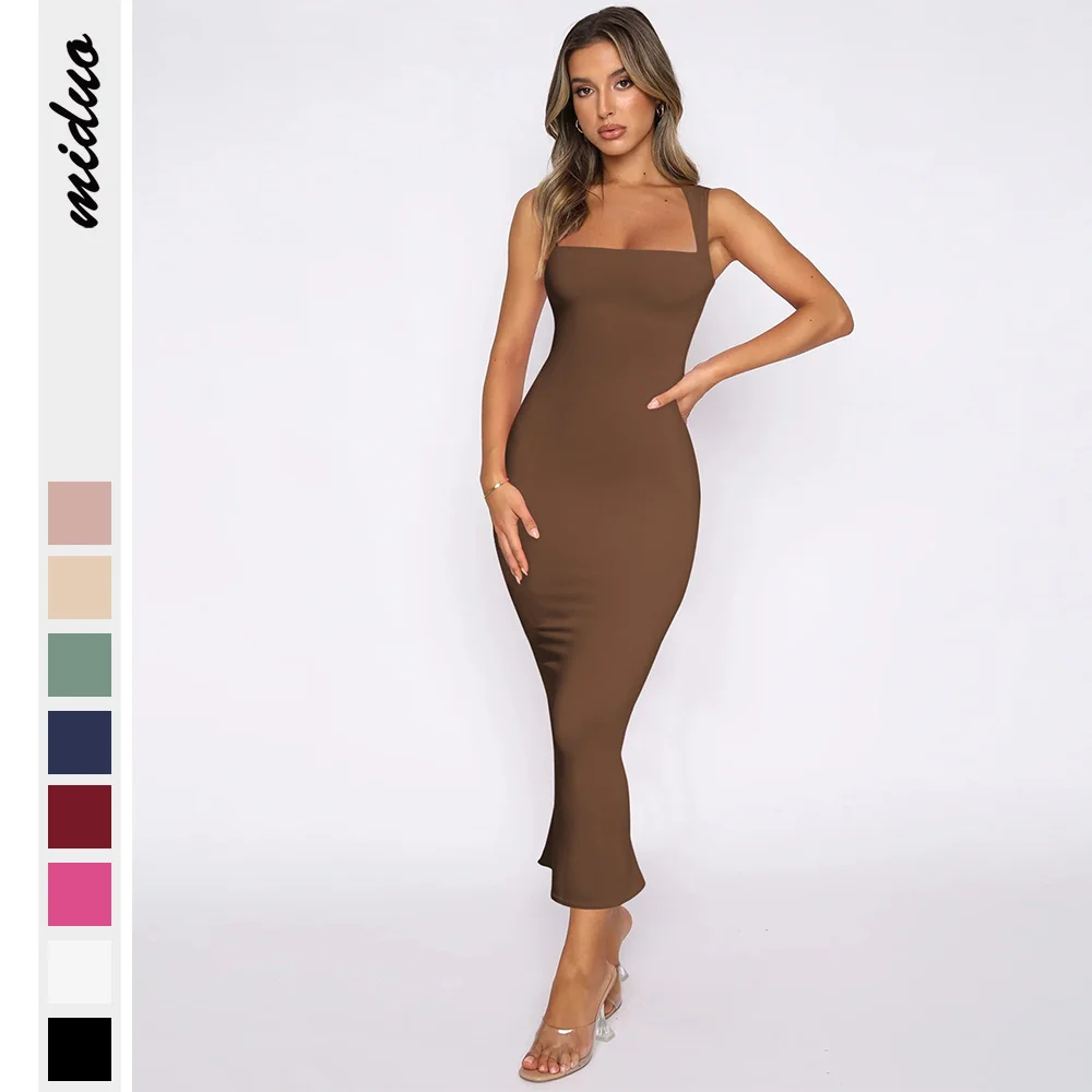 2024 Summer Wholesale Square Neck Bodice Dress Sleeveless Tank Top dresses casual Stretch Bodycon Party Club Midi Dresses Women