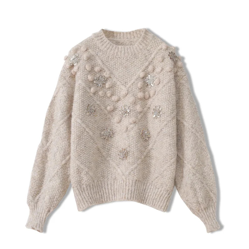 Korean style loose round collar lazy thick sweater crochet hair ball sequins sweater top women