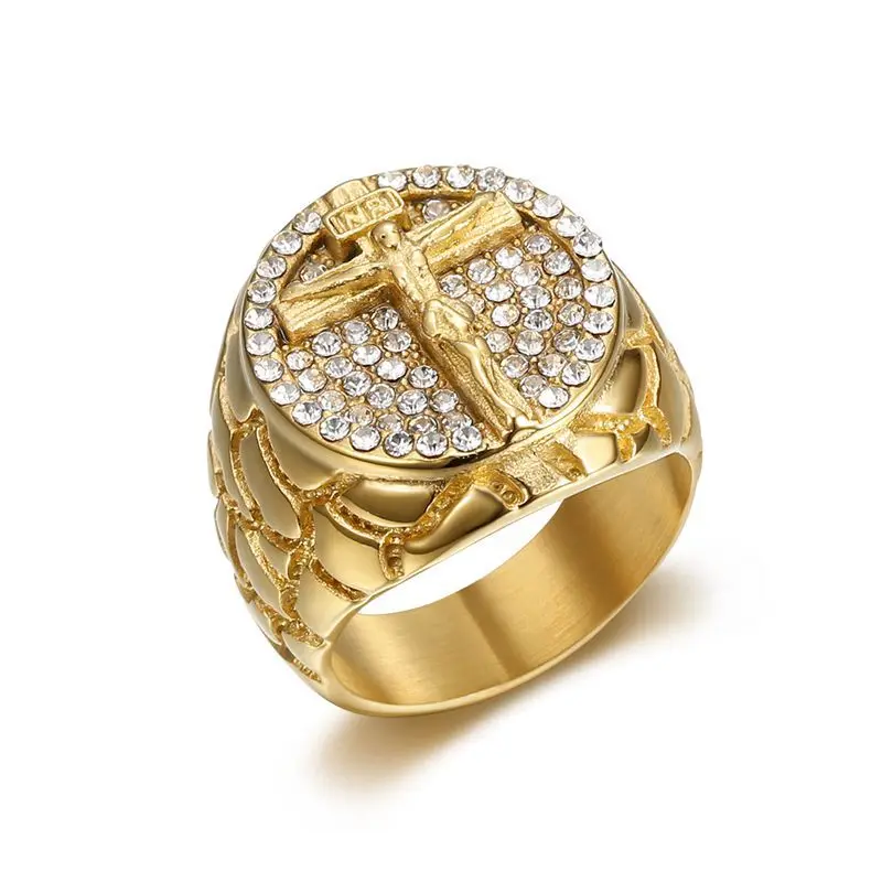 Hiphop jewelry 18k gold plated stainless steel iced out iron cross ring