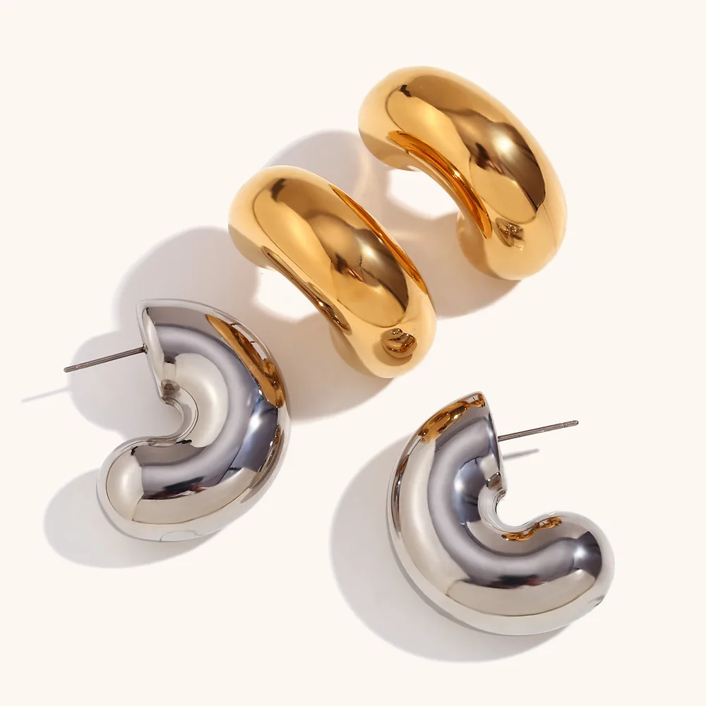 Smooth Stainless Steel Geometric Chunky Unusual C-Shaped Fashion Stud Earrings Waterproof 18K Gold Plated Jewelry