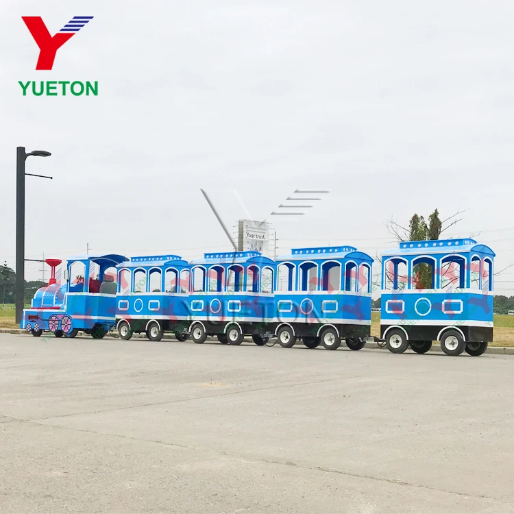 Zhengzhou Yueton Kiddie Amusement Park Rides Fairground Blue White 24 Person Battery Powered Electric Trackless Train For Kids