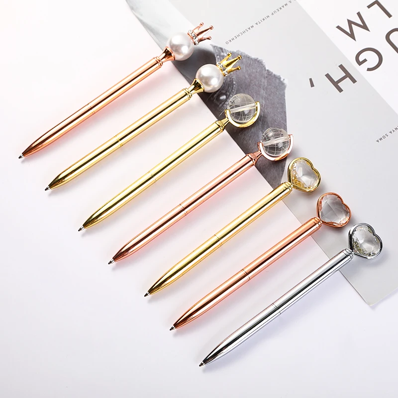 SHULI Cristal Pen 1.0mm Novelty Metal Love Diamond Crystal Globe Crown Pearl Wedding Bling Ball Point Pen With Customized LOGO