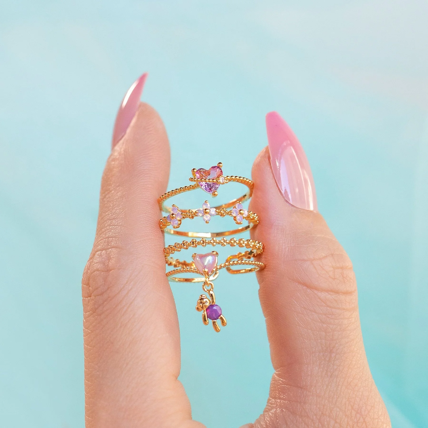 New INS Simple Teddy Bear Love Color Zircon Heart Rings Cute Animal Flower Butterfly Ring For Women Girls Fashion Jewelry Gifts