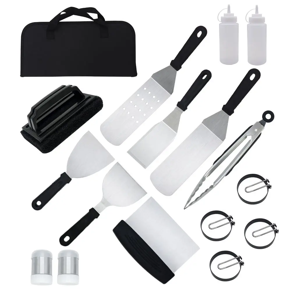 18pieces Camping Cooking Plastic Handle Stainless Steel Tools Kit Set Griddle Accessories With Cloth Bag