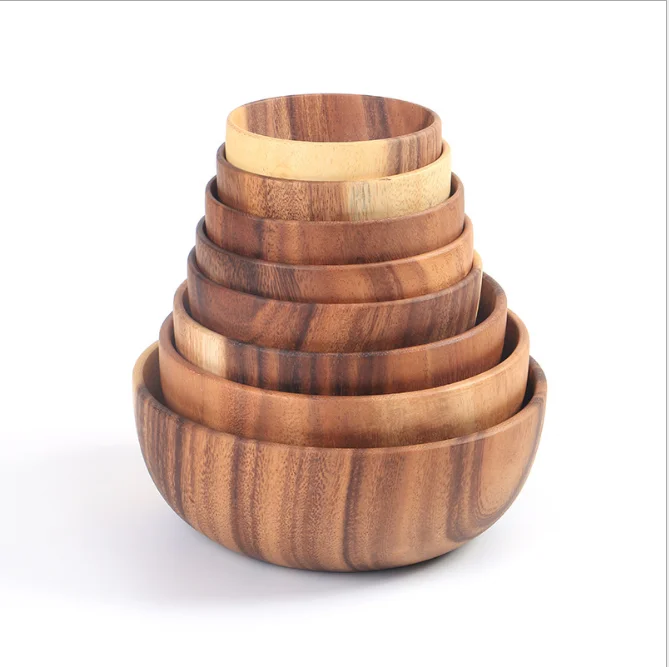 Eco Friendly Different Size Natural Salad Tableware Wooden Bowls Set