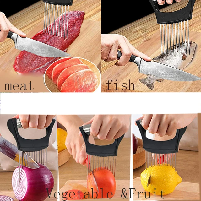 Kitchen Gadget Food Grade Slicing Meat Fish Fork Potato Slicer Needle Stainless Steel Vegetable Fruit Cutter Onion Holder Cutter