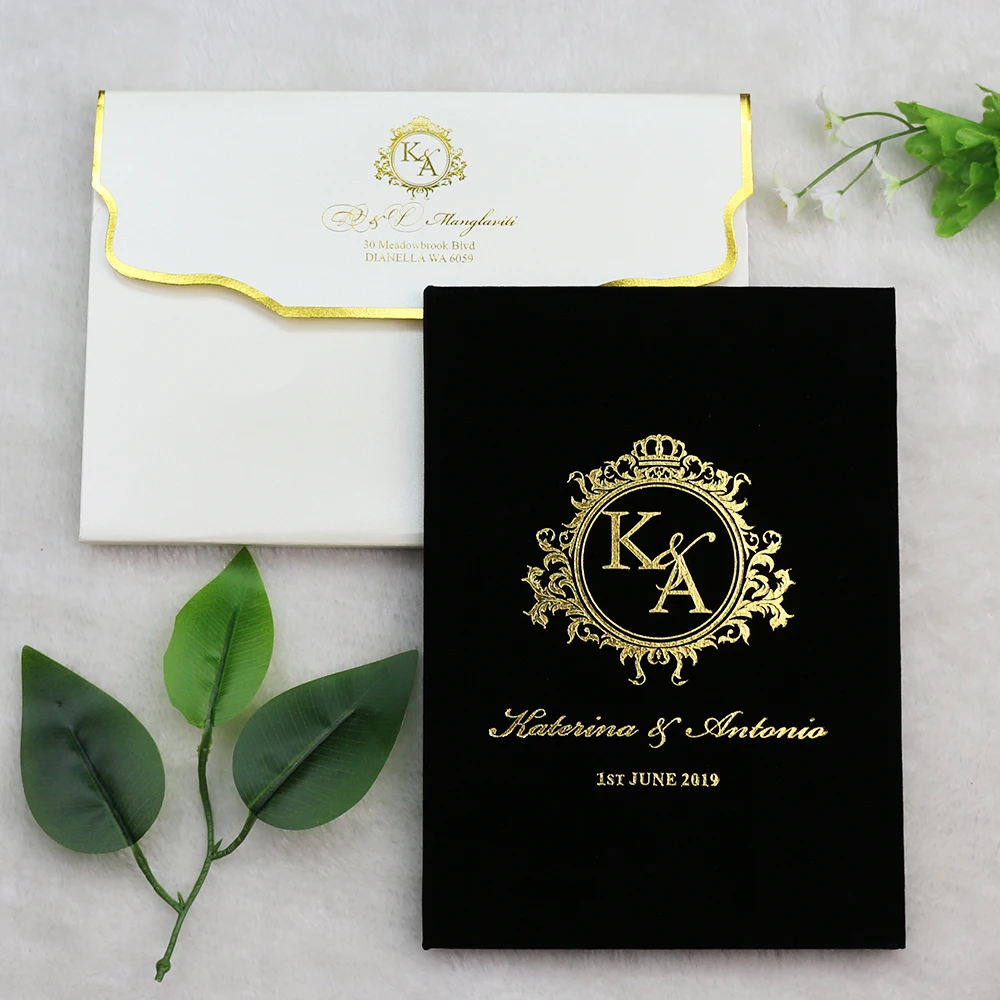 Бесплатный дизайн, роскошные свадебные приглашения в твердой обложке, черный бархатный Золотой зеркальный акриловый комплект приглашений для невесты