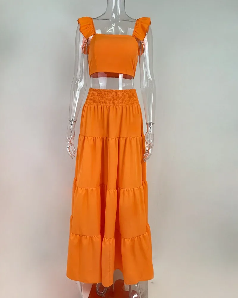 Summer Dress Modest Elegant Women Clothing Casual Tank Top Drawstring Slit Two Pieces Set Fresh Color Skirt Suit For Femme T005