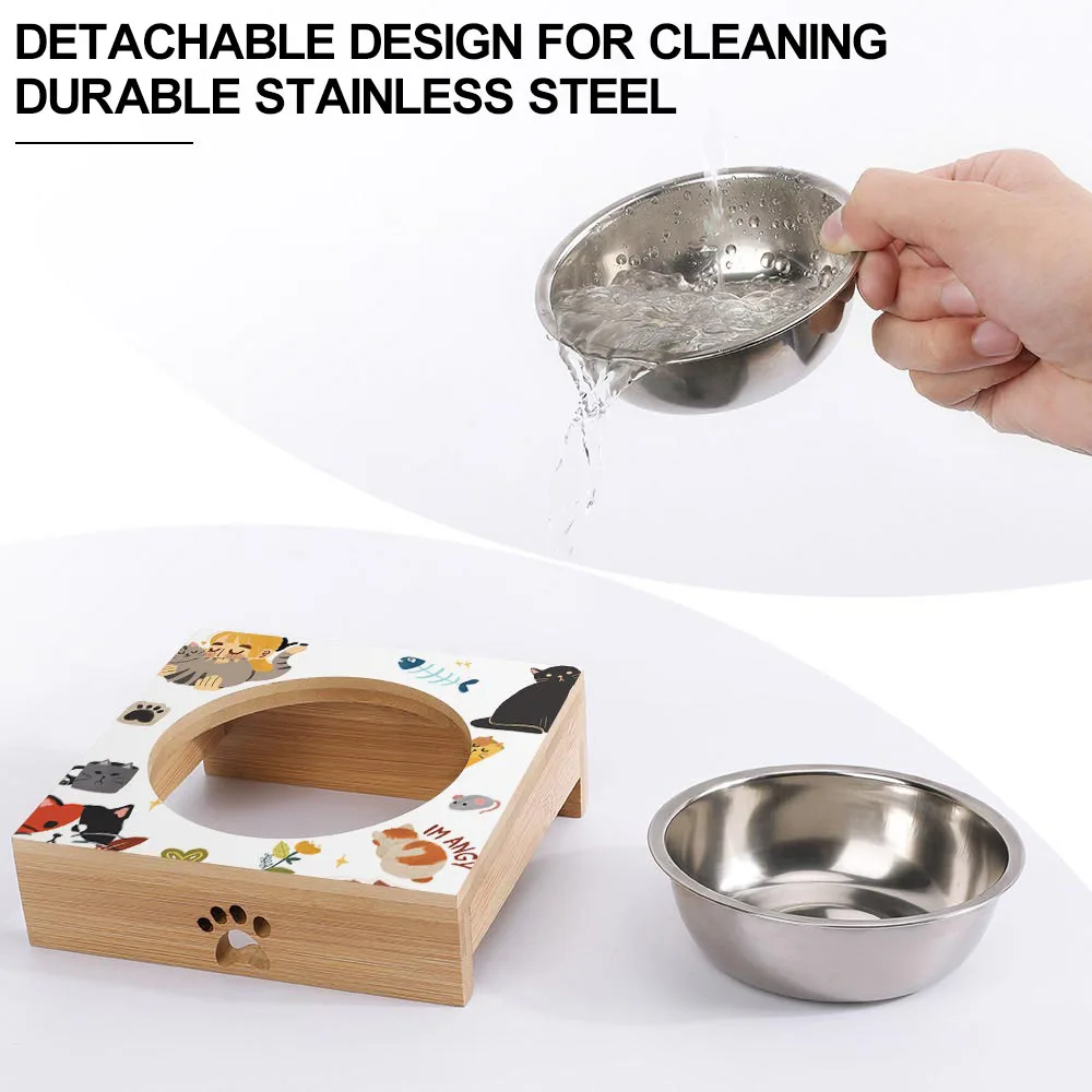 Custom Low MOQ Quadrate Bamboo Stand Stainless Steel Round Elevated Cat Dog Food Bowl Slanted Water Container