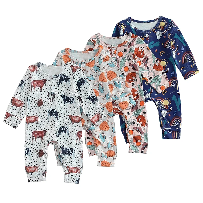 Ribbed Western Henley Jumpsuit Winter Boy Girl Long Sleeve Clothes Custom Animal Bubble Rompers Newborn Knit Baby Romper
