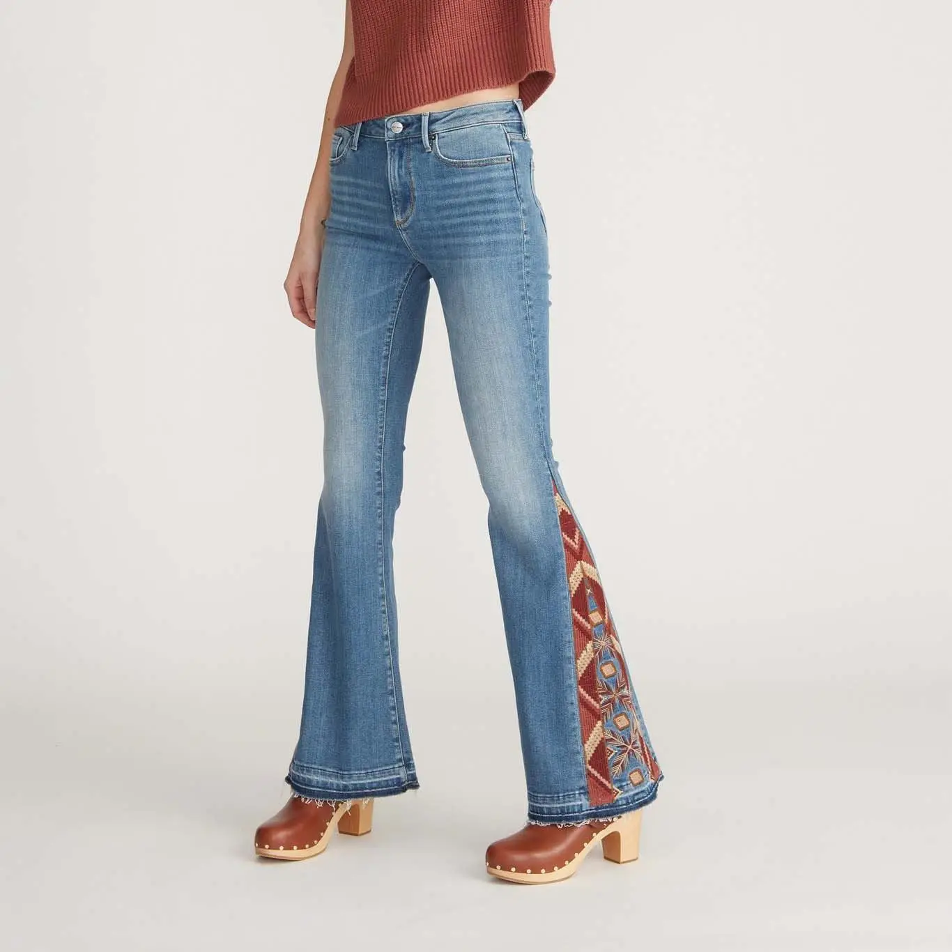 new design high waisted quality denim distressed blue color baggy bellbottom flared   custom women embroidery jeans