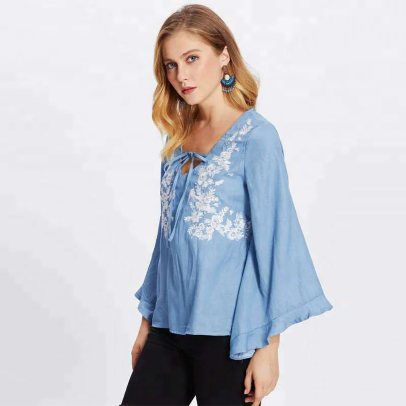 Women Long Sleeve Blue Embroidered Blouse