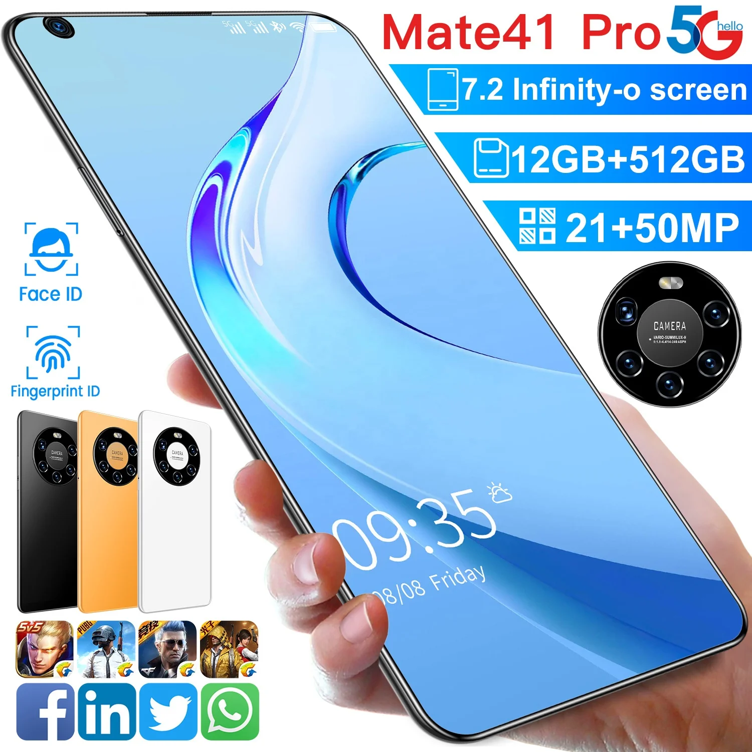 Низкая цена Mate41pro + оригинальный 12 Гб 512 7 2 дюймовый смартфон разблокированый смарт-телефоны Android 10 Dual Sim сенсорный экран