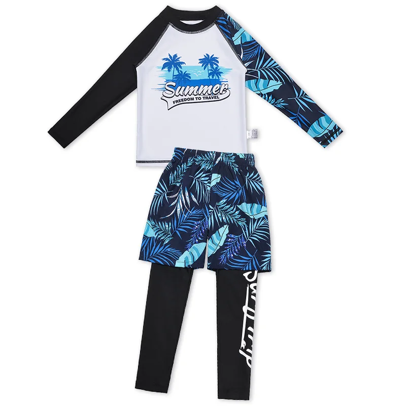 Little Boy Swimsuit 3 Piece Rash Guard Set for 4-14 Years UPF 50+ UV Protective Long Sleeve Swimwear Rash Guard Swimsuits
