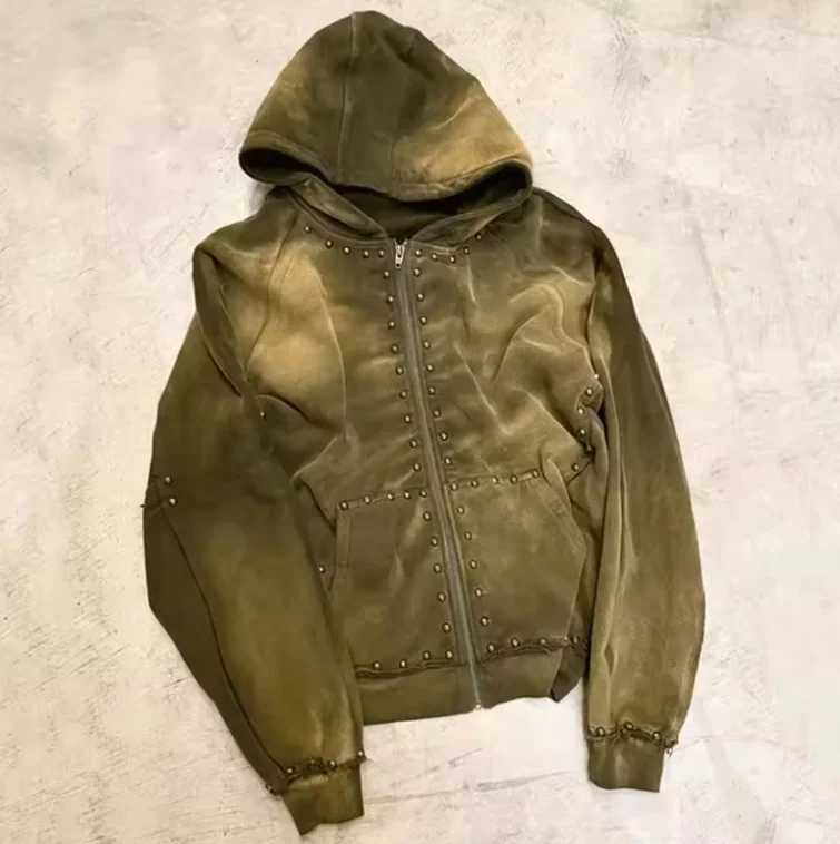 Custom Streetwear Heavy Weight Cotton Hoodies Oversize Rivet Zipper Blank Acid Washed Vintage french terry  Hoodie Men