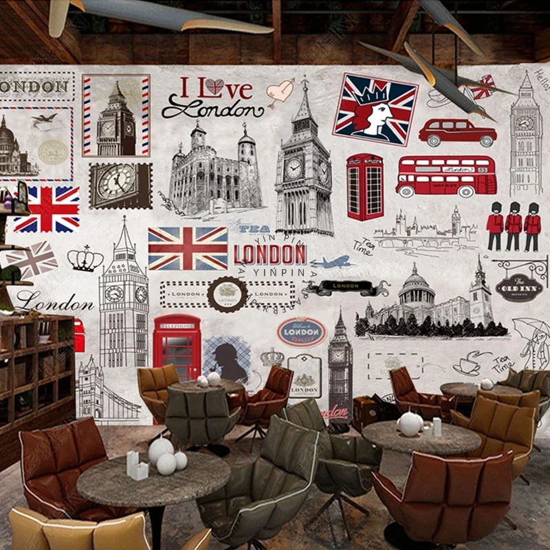Vintage British Style Pub Coffee Background Mural Wallpaper Self Adhesive