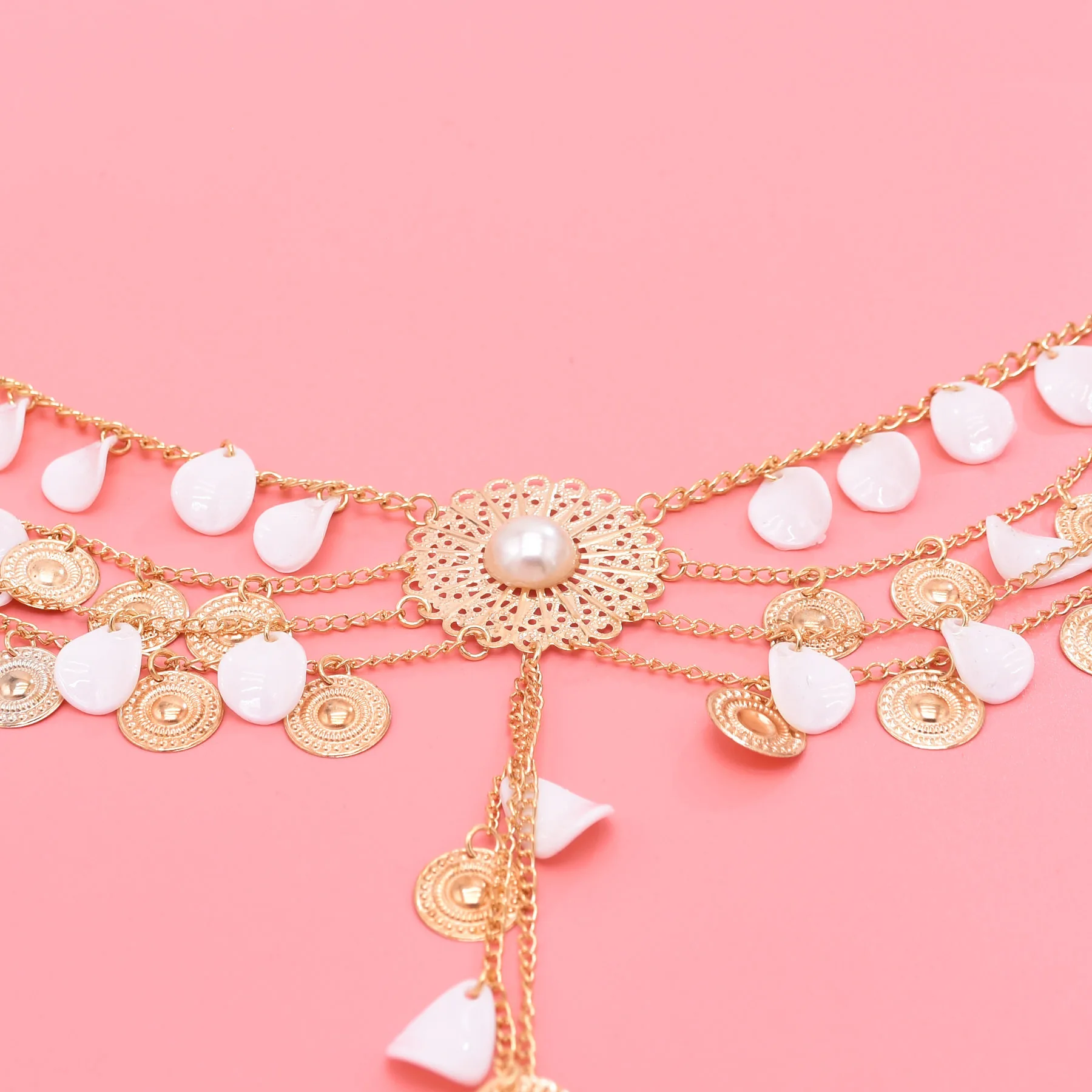 Exquisite Ethnic Style Acrylic Petal Coin Tassel Imitation Pearl Alloy Flower Waist Belt Chain Multi-layer Body Chain for Women