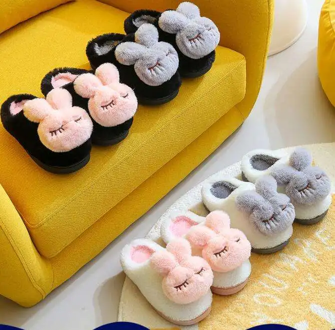 Wholesale Fashion Cute Animal Style Rabbit Fluffy Warm Unisex Anti Slip Soft Kids Slippers For Winter Indoor House Home