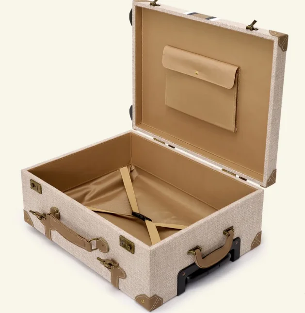 Personalised Luxury Women Classic Beige Vintage Trunk Luggage Soft Fawn Travel Trolley Case