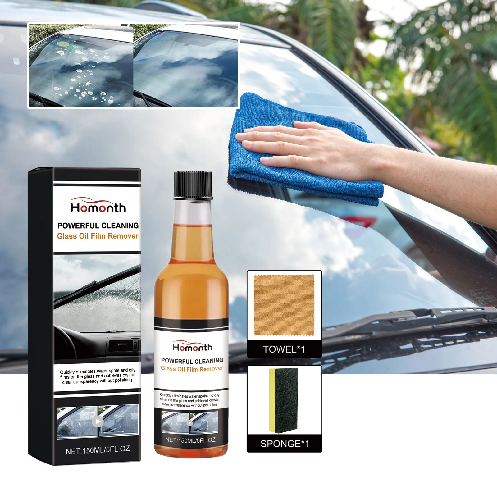 Hot sales Homonth Powerful Cleaning Automotive Auto Glass Oil Film Cleaner Kit Automotive glass oil film remover