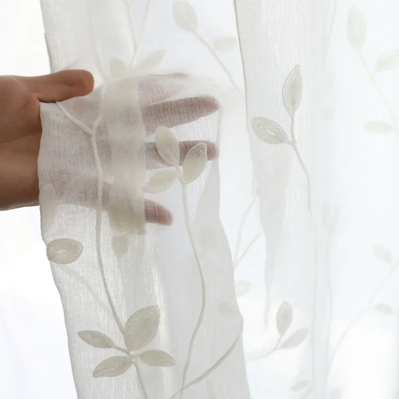 White embroidered window netting Nordic gray curtain solid color foliage curtain simple modern American garden window netting