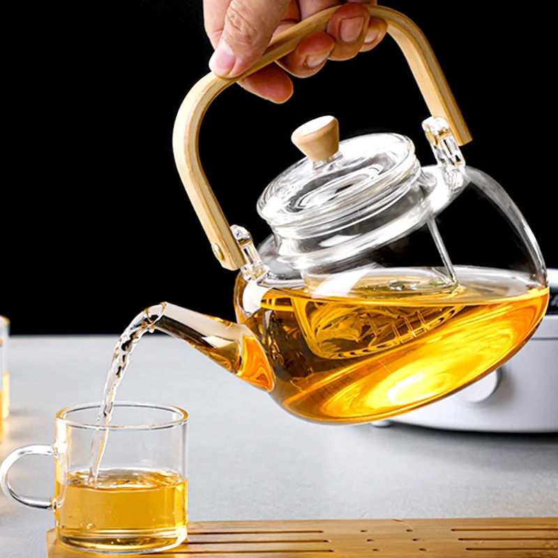 1000ML/33.5OZ Stovetop Glass Teapot With Bamboo Wooden Handle And Glass Infuser Strainer For Loose Tea