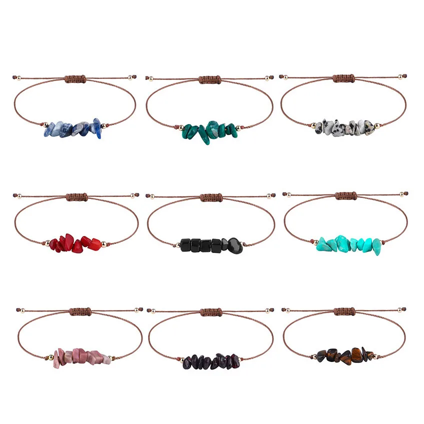 Popular Irregular Crushed Stone Weaving Wax Rope Bracelet Adjustable Bohemian Tiger Eye Amethyst Beach Women Colorful Bracelets