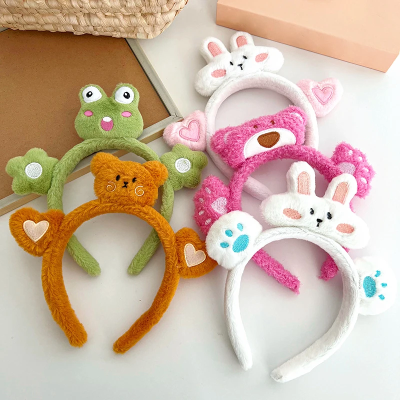 Fluffy Fabric Cartoon Sweet Hair Bands For Women Panda Cute Rabbit Embroidery Hairbands Frog Decorative Velvet Hair Accessories
