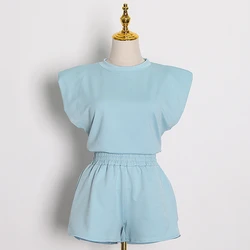 CHICEVER Элегантный женский комплект из двух предметов футболка без рукавов с круглым вырезом топ с высокой талией облегающие шорты Повседневный костюм модная одежда