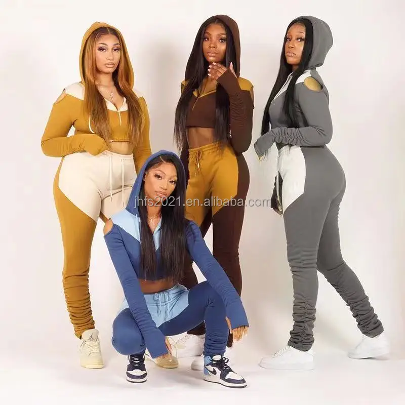 Женская укороченная Толстовка J & H, модная куртка с вырезами на плечах и джинсы с высокой талией, джеггинсы, повседневная одежда для отдыха, 2 предмета