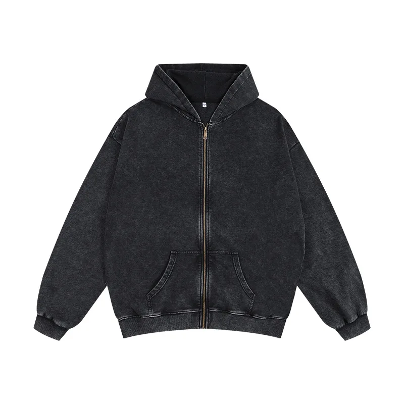 350g Vintage Zipper Hooded Sweatshirt Plus Size Drop Shoulder Retro Washed Thick Terry Cardigan Oversize