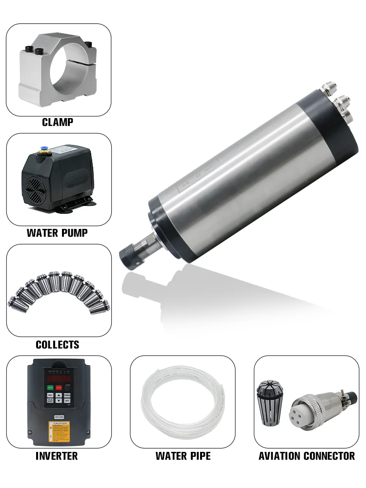 1.5KW Water Cooled Spindle 110V/220V/380V  + 1.5KW Inverter + 80mm Clamp + Water Pump/5m Pipe + 10pcs ER16  for CNC Wood Router