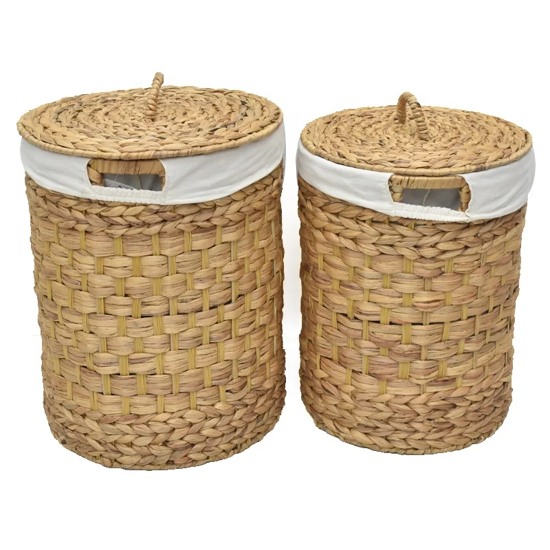 Handmade Set of 2 Large Natural Water Hyacinth Laundry Hamper Seagrass Laundry Storage Basket with Liner and Removable Lids