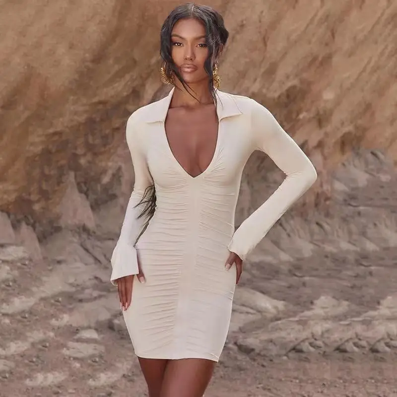 2021 summer new dress female sexy temperament lapel long sleeve street fashion fashion tight skirt