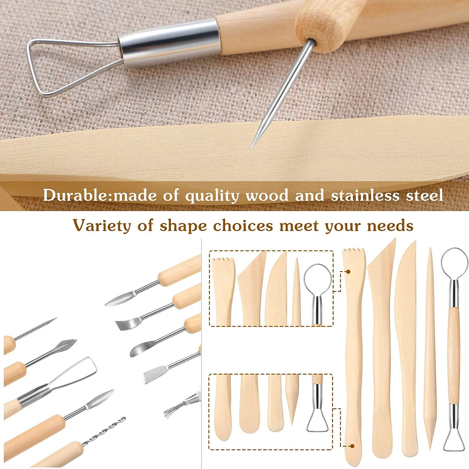 Canvas Zippered Case 14-Piece Pottery Sculpting  Clay Sculpture And Ceramics Tool Set for Beginners Professionals School Student