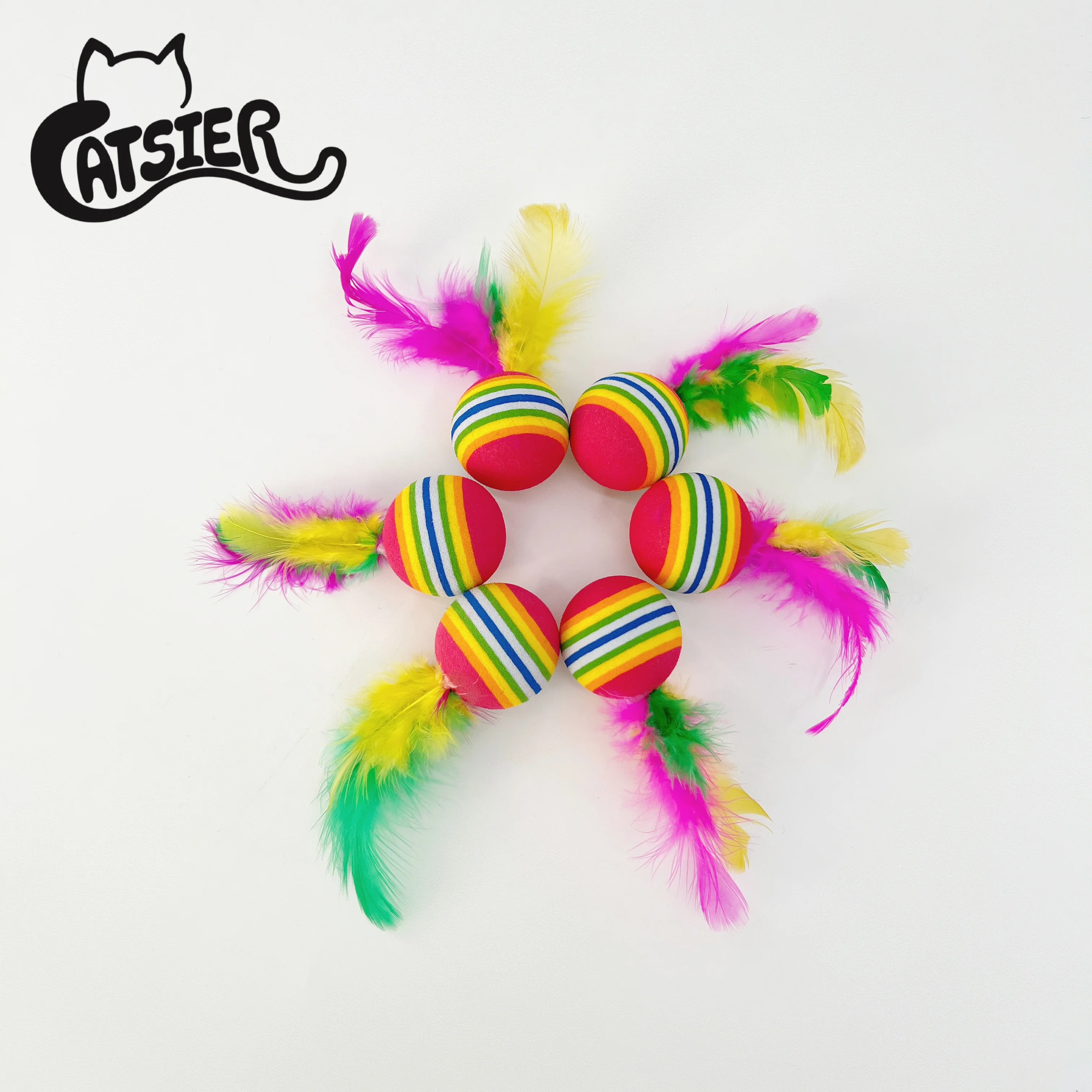 Manufacture Wholesale Foam Cat Toys Ball with Feather Rainbow Color Balls Kitten Activity Chases Quiet Play Mix Color