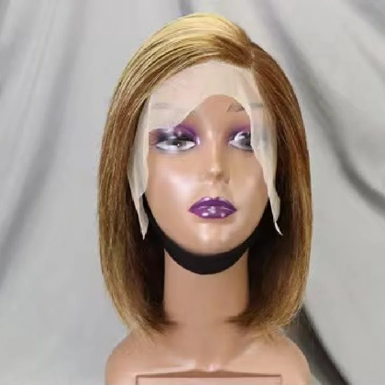 FH #4/27 Piano highlight  straight short bob with bang 13x4 transparent lace front luxury human hair bob wigs
